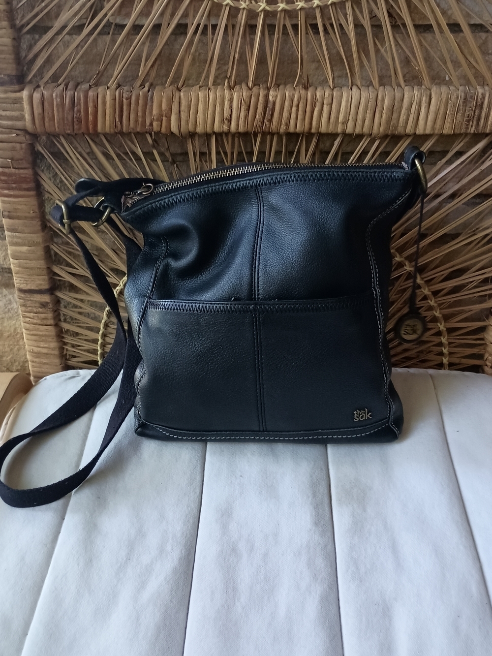 The Sak Black Leather Crossbody Bag with Front Pocket